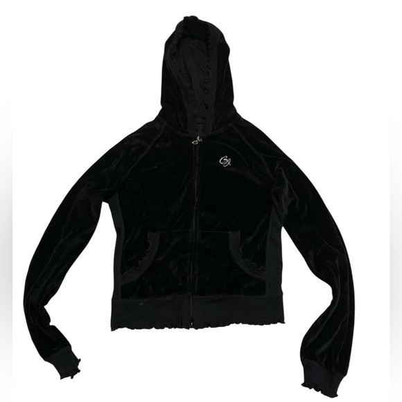 Vintage Tops - Y2K Black Velour Zip-Up Cropped Hoodie | Ruffle Trim S/P